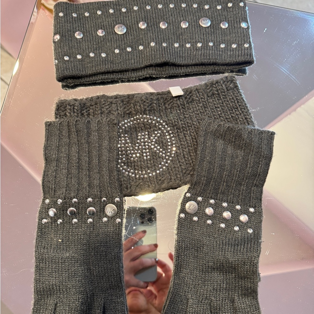 Michael Kors Charcoal Knit Headband and Gloves Set